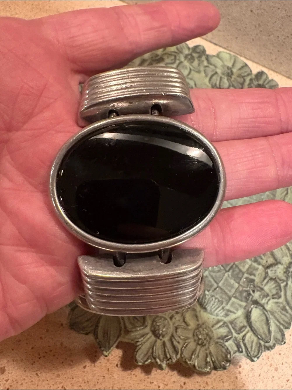 Massive Ben Amun Silver Onyx Black Stone Station Statement Cuff Bracelet